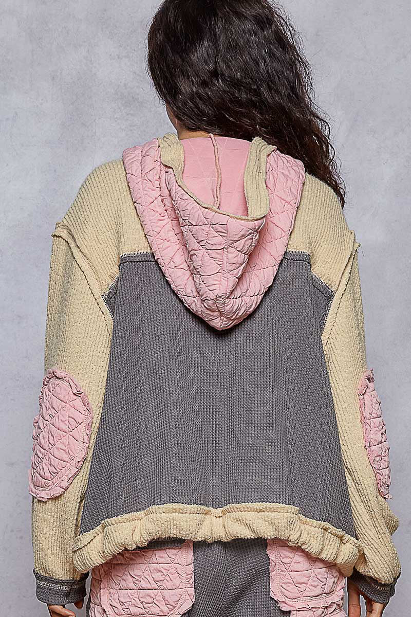 Balloon sleeve quilted detail floral knit hoodie jacket: Candy Pink/Gray