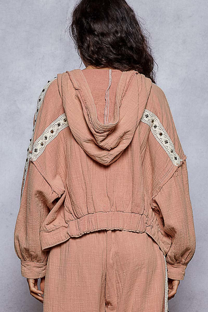 Double Gauze Balloon Sleeve Zip Hoodie -Flamingo Pink