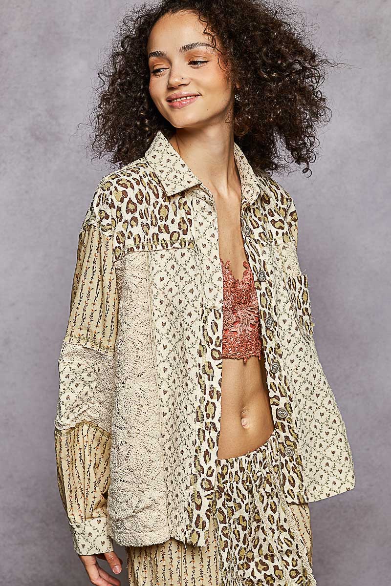 Leopard Pattern Printed Stitch Double Gauze Shirt