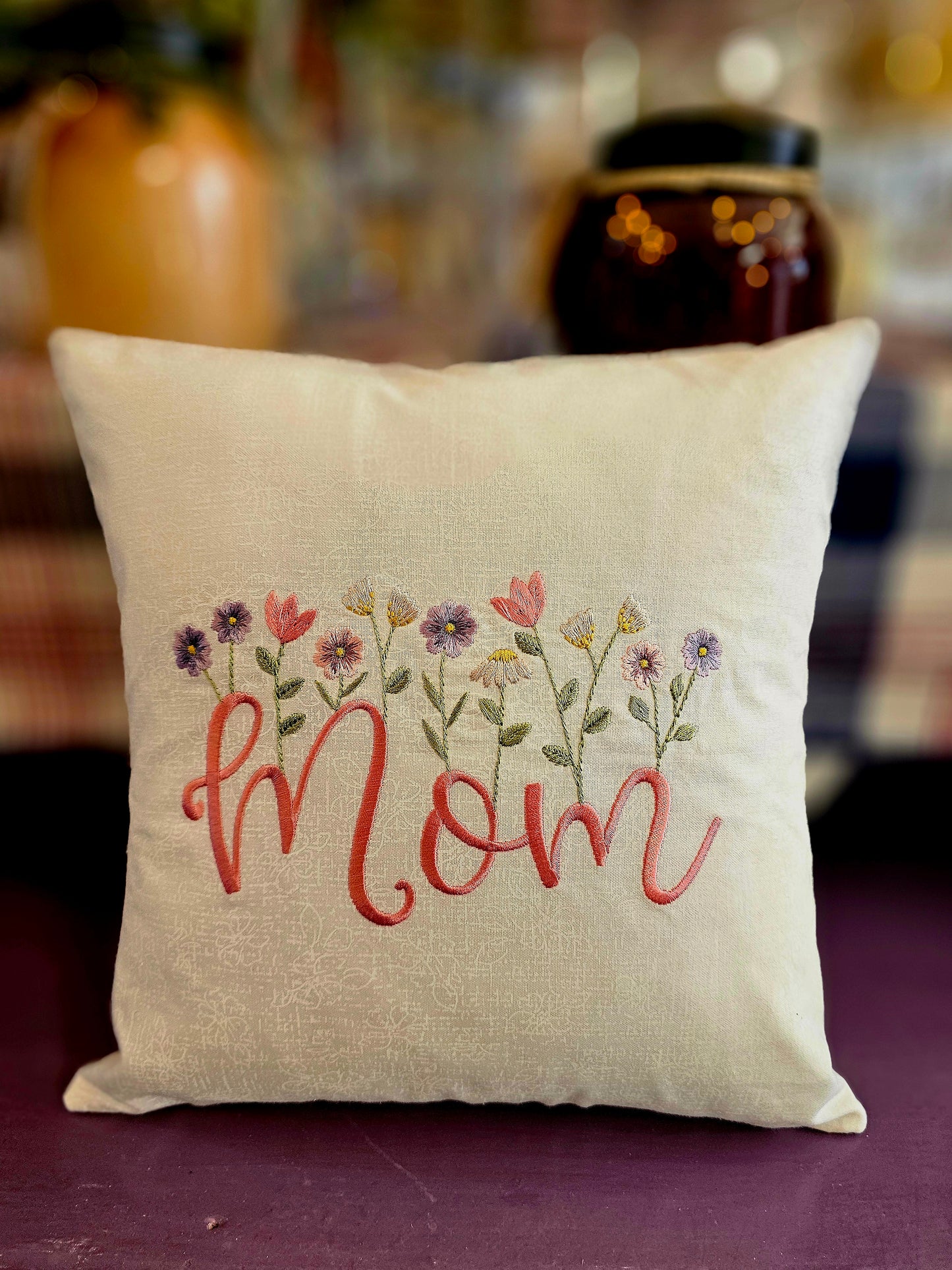 Embroidered "Mom" Pillow