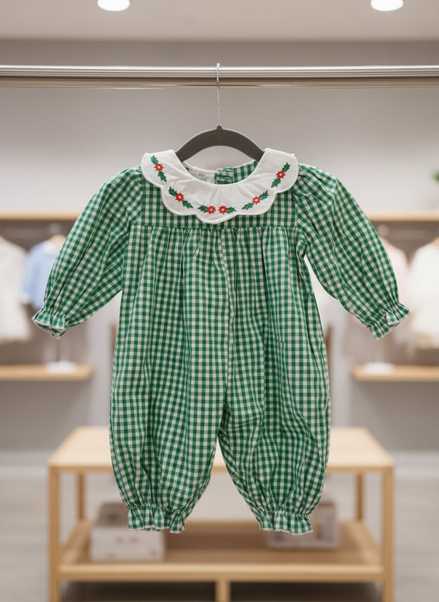 Green Gingham Girls Romper Size 6 mos