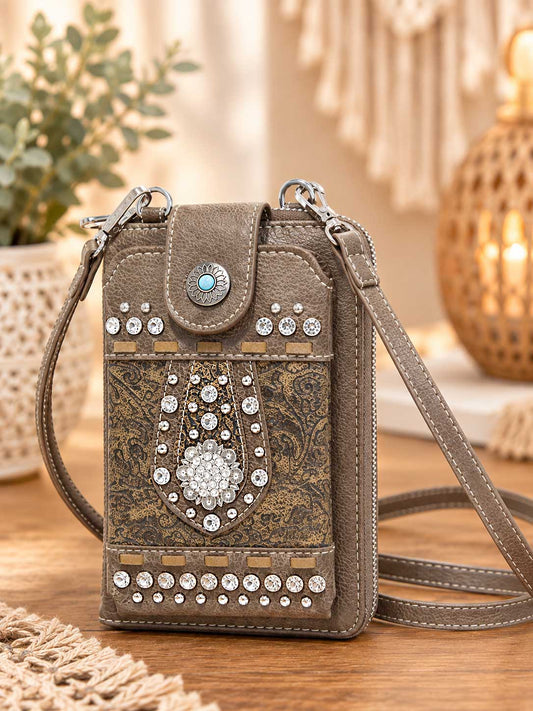Brown studded crossbody phone wallet with silver studs, crystals and a turquoise-style floral clasp; this listing is black