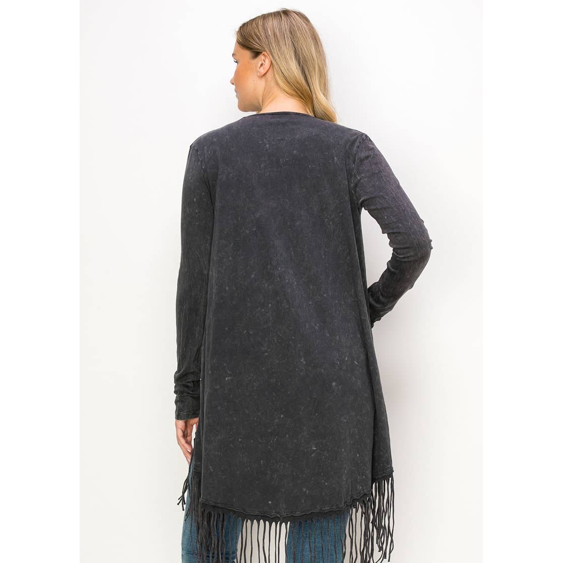 MINERAL WASHED FRINGE LONG SLEEVE KNIT CARDIGAN: BLACK