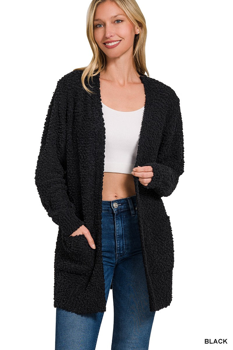 Long Sleeve Popcorn Sweater Cardigan With Pockets - Black