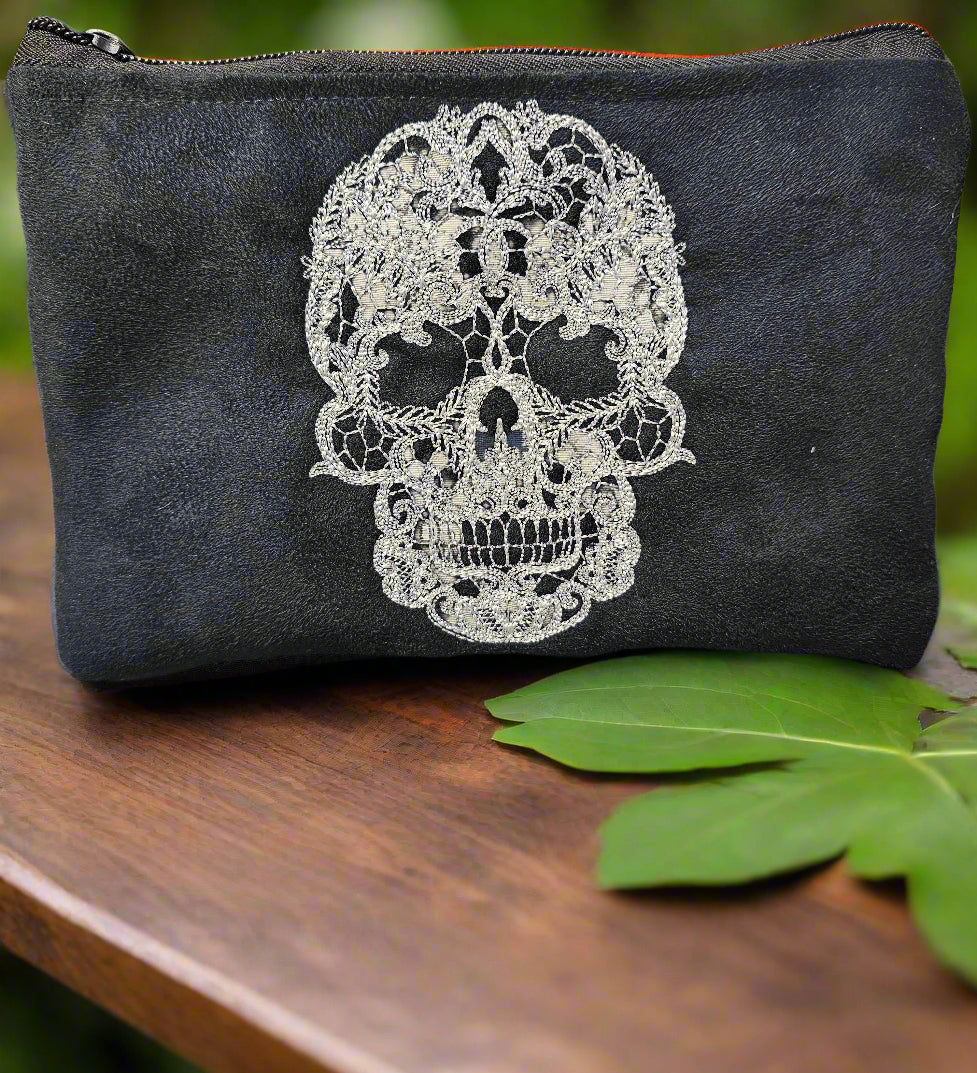 Embroidered Lace Skull on Black Suede 8x5
