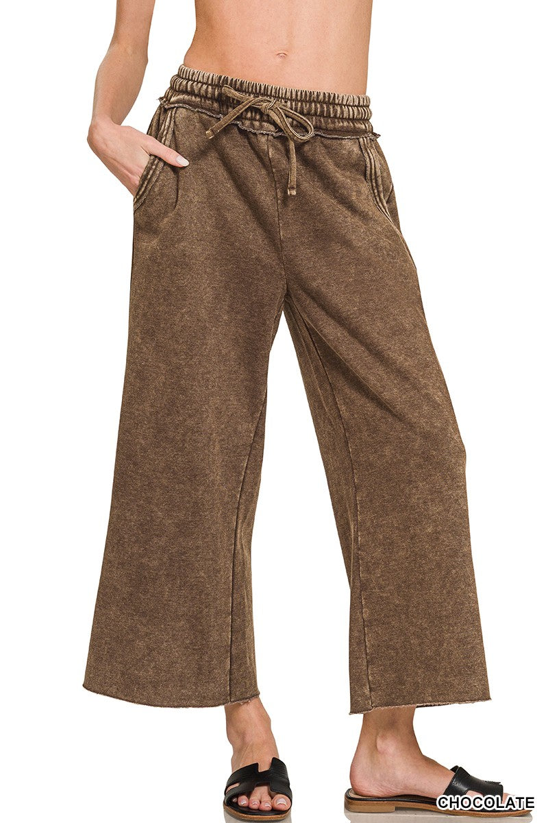 Acid Wash Fleece Palazzo Sweatpants - Chocolate