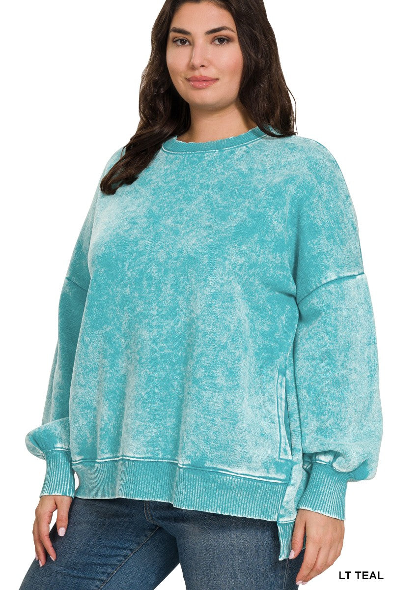 Plus Acid Wash Fleece Hi-Low Hem Pullover With Pockets Lt. Teal