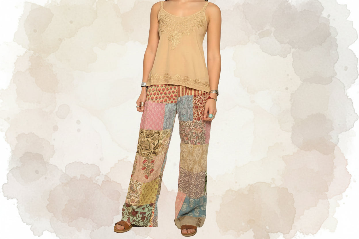 Cotton patchwork pants with smocked waist