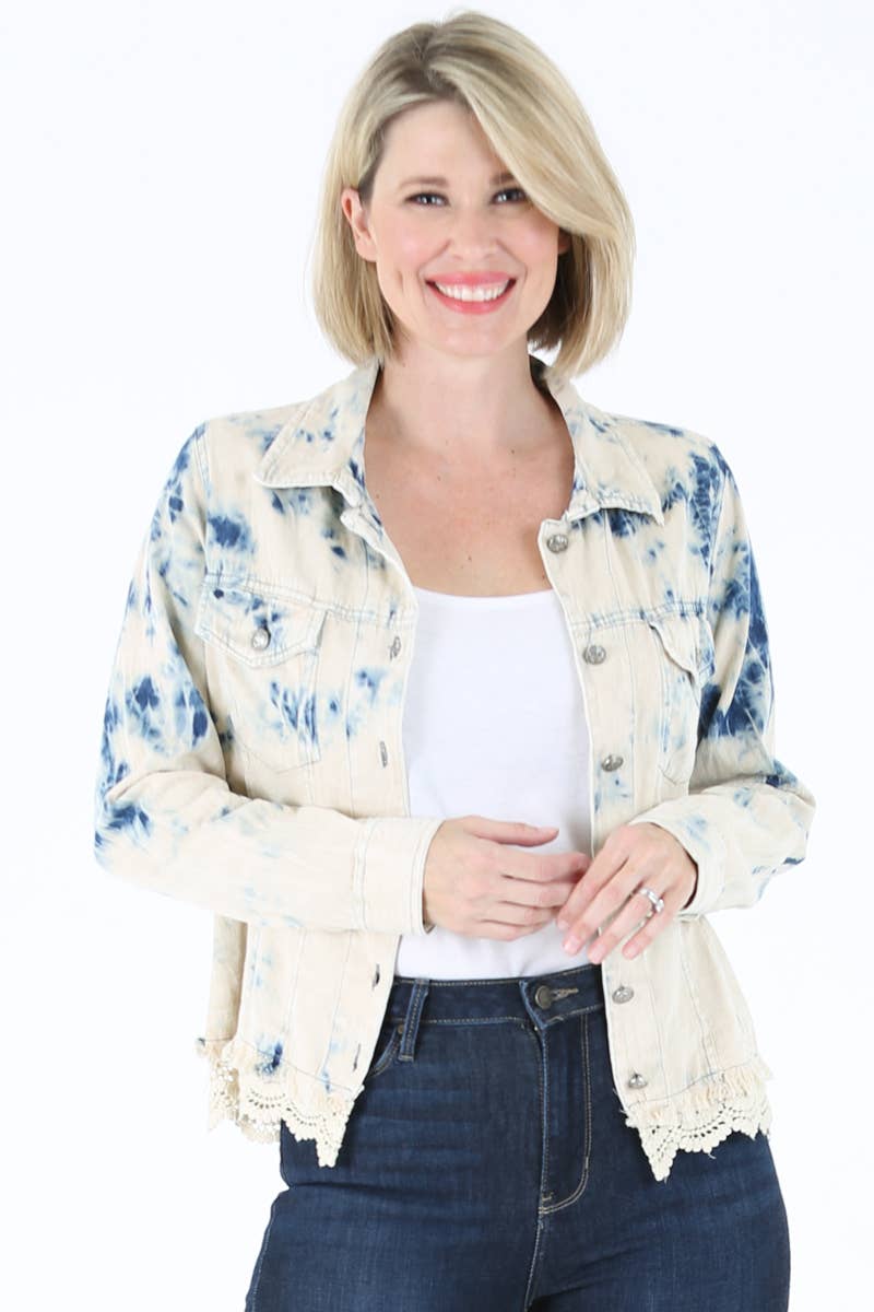 BLEACH TIE DYE WASH DENIM JACKET WITH LACE HEM
