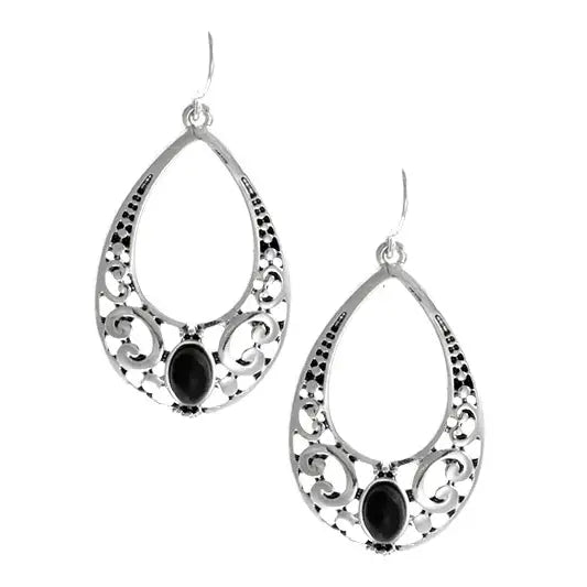 BLK Stone Teardrop Filigree Metal Earrings