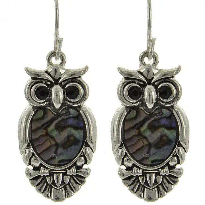 Abalone Owl Bird Hematite Halloween Dangle Earrings
