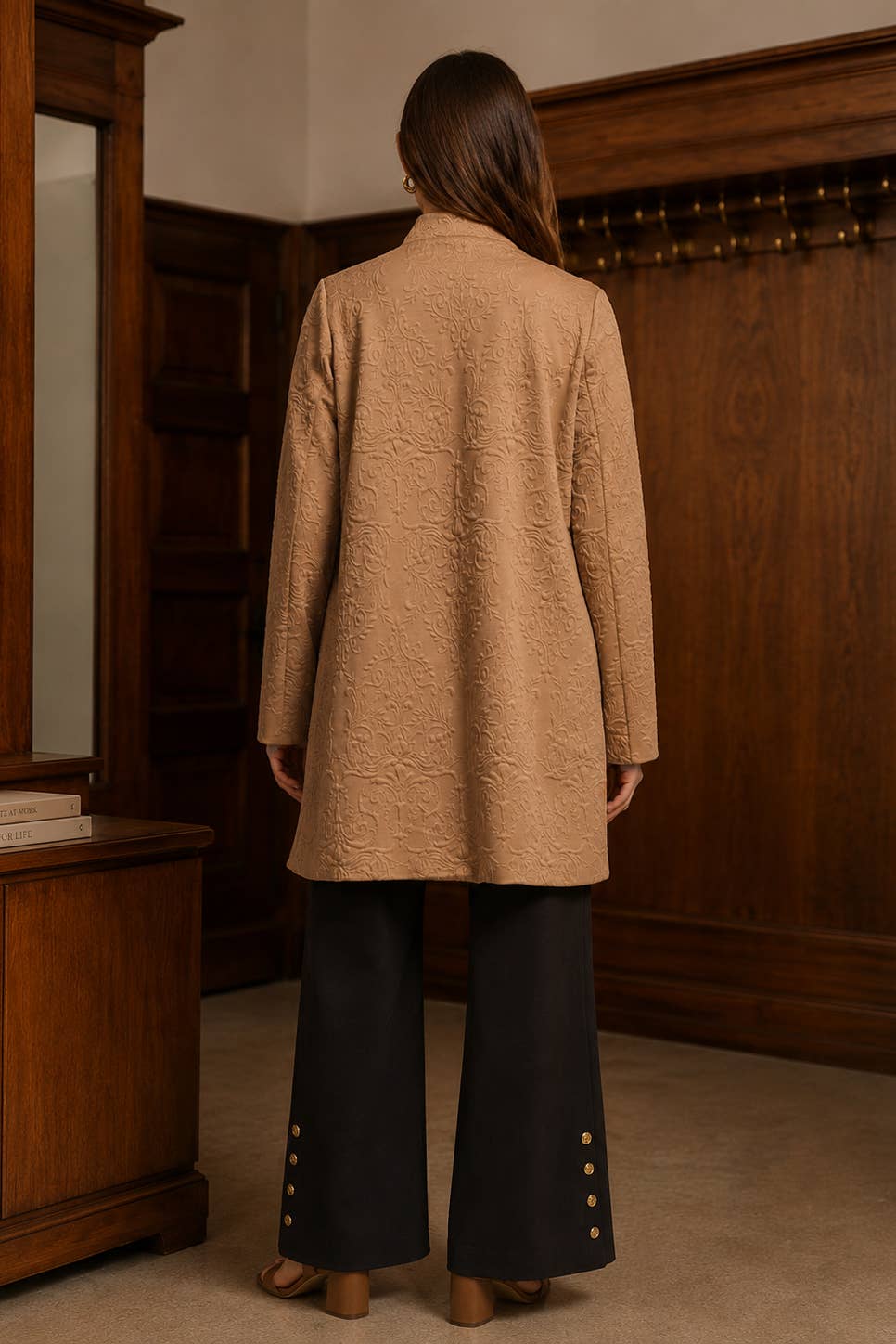 Caramel jacquard midi coat with woven texture and structured silhouette