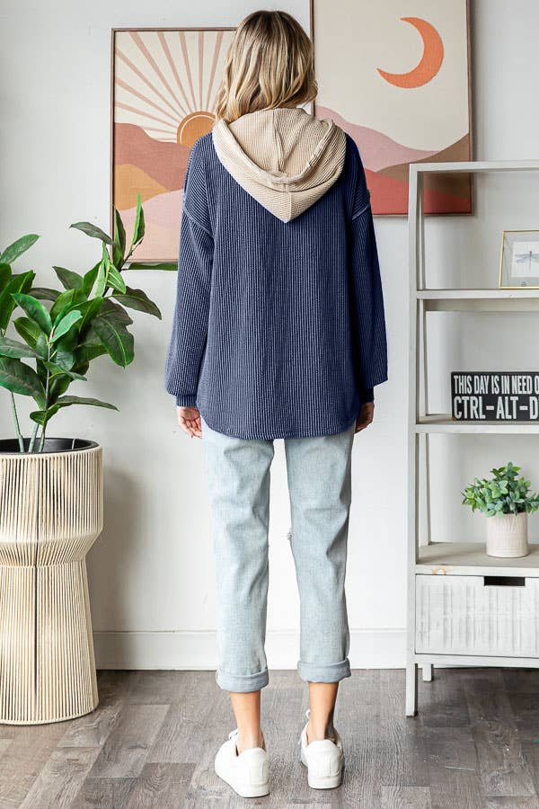 Ribbed Balloon Sleeve Button Front Drawstring Hoodie: Navy