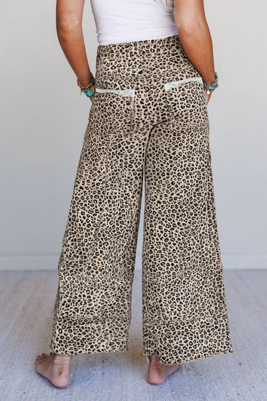 Leopard Animal Print Wide Leg Terry Knit Pants: Khaki
