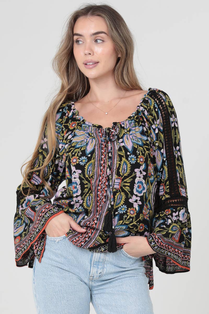 Lace Trim Bell Sleeve Printed Blouse