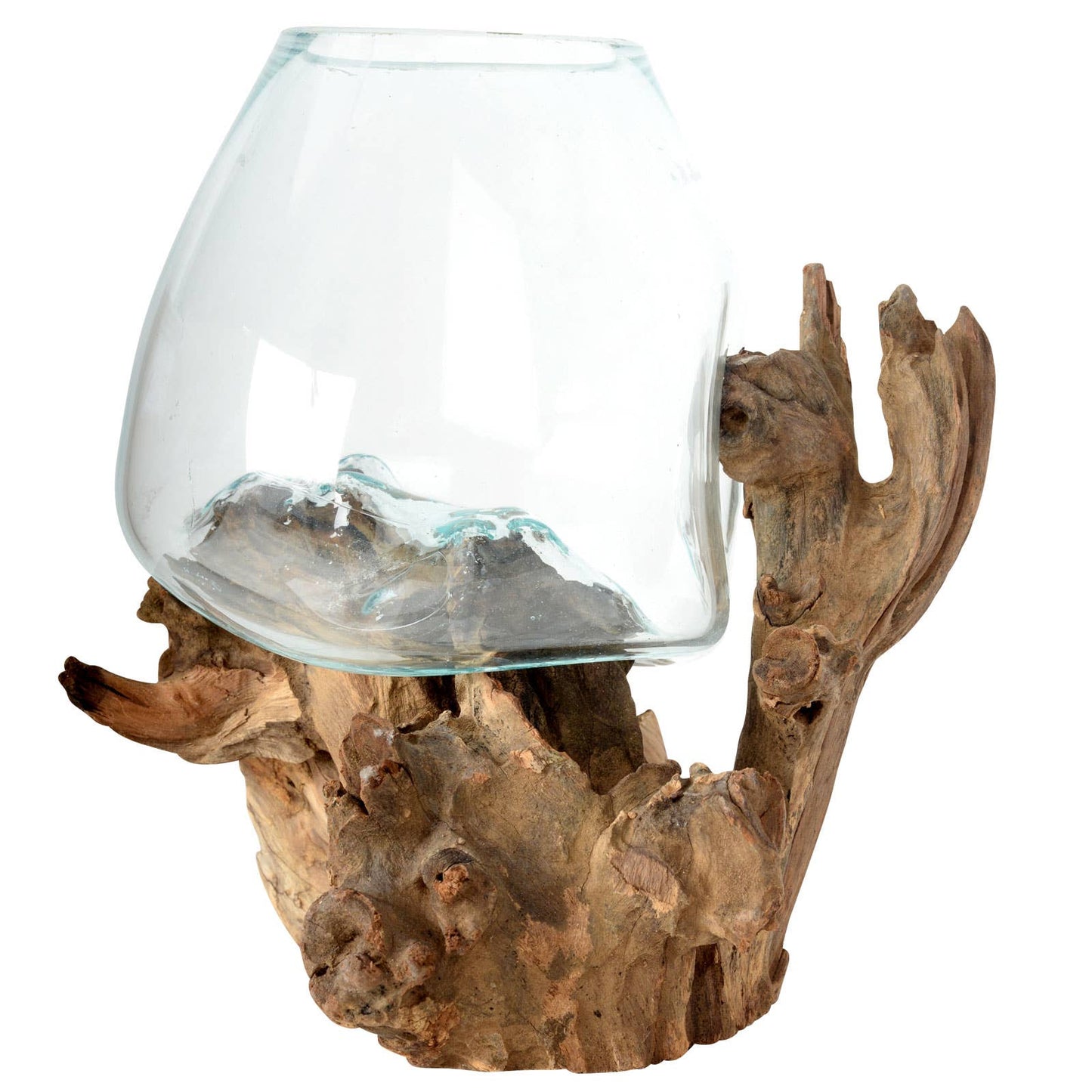 Extra large hand-blown molten glass bowl on a natural driftwood base