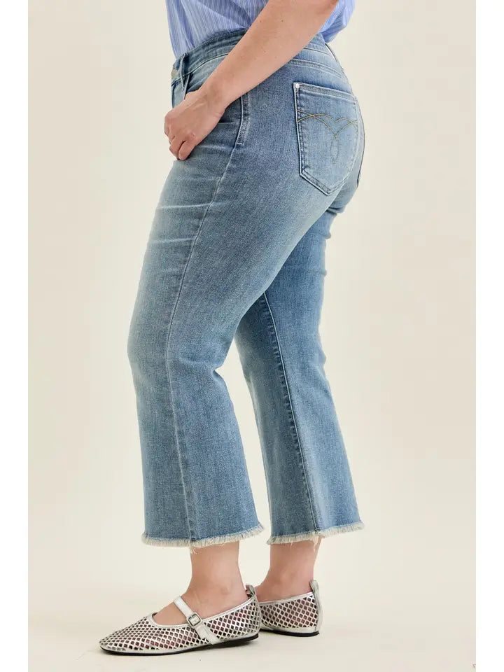 Plus Judy Blue Mid Rise Kick Flare w/ Frayed Hem