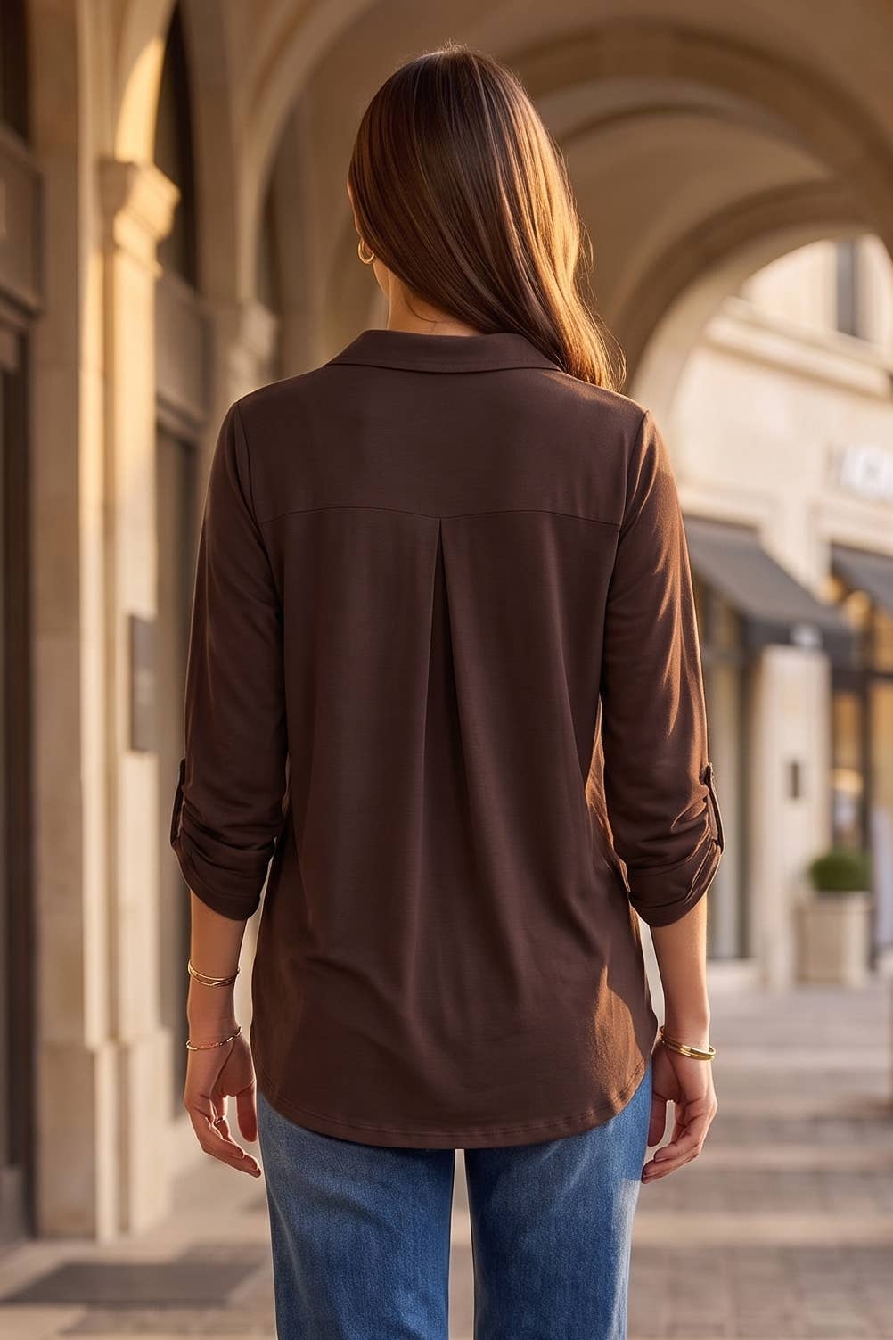 Collared 3/4 Sleeve Blouse Top: MIDNIGHT PLUM / S
