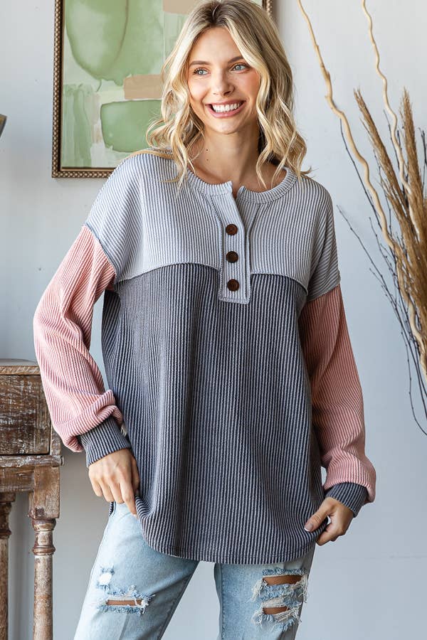 Color Block Button Front Top: Charcoal