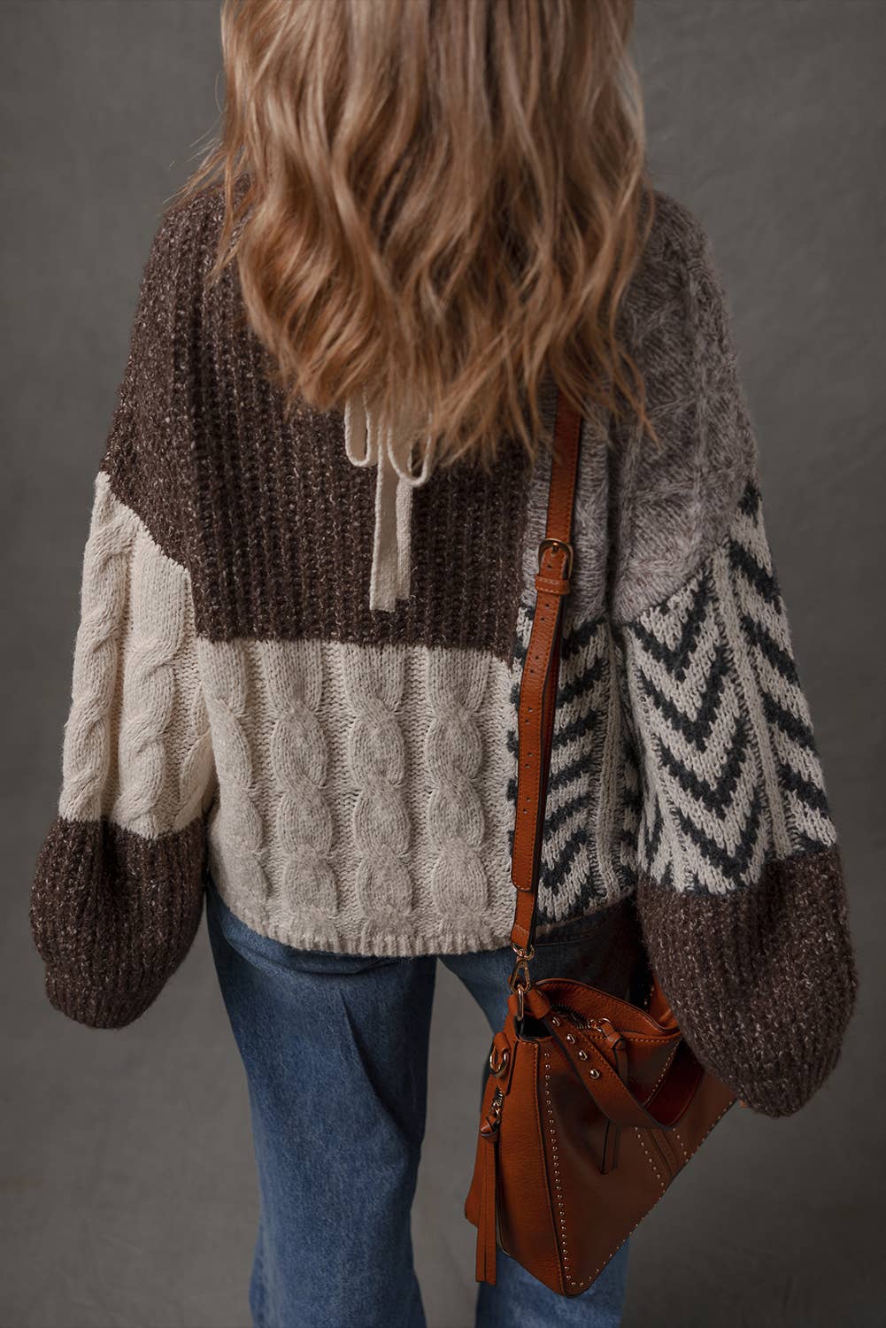 Plus Color Block Patchwork Knotted Back Loose Fit Sweater