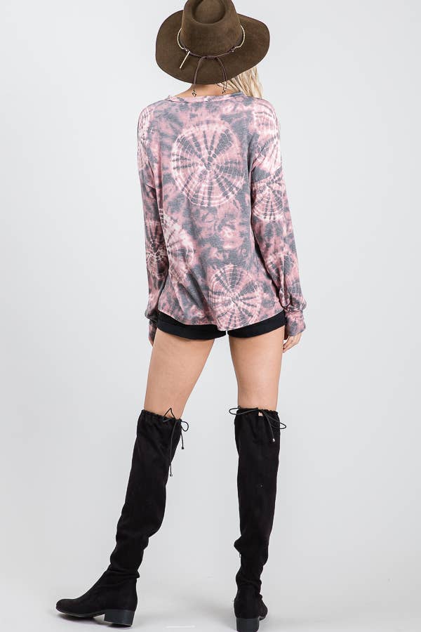 Tie Dye V-Seam Drop Shoulder Long Sleeve Top Marsala