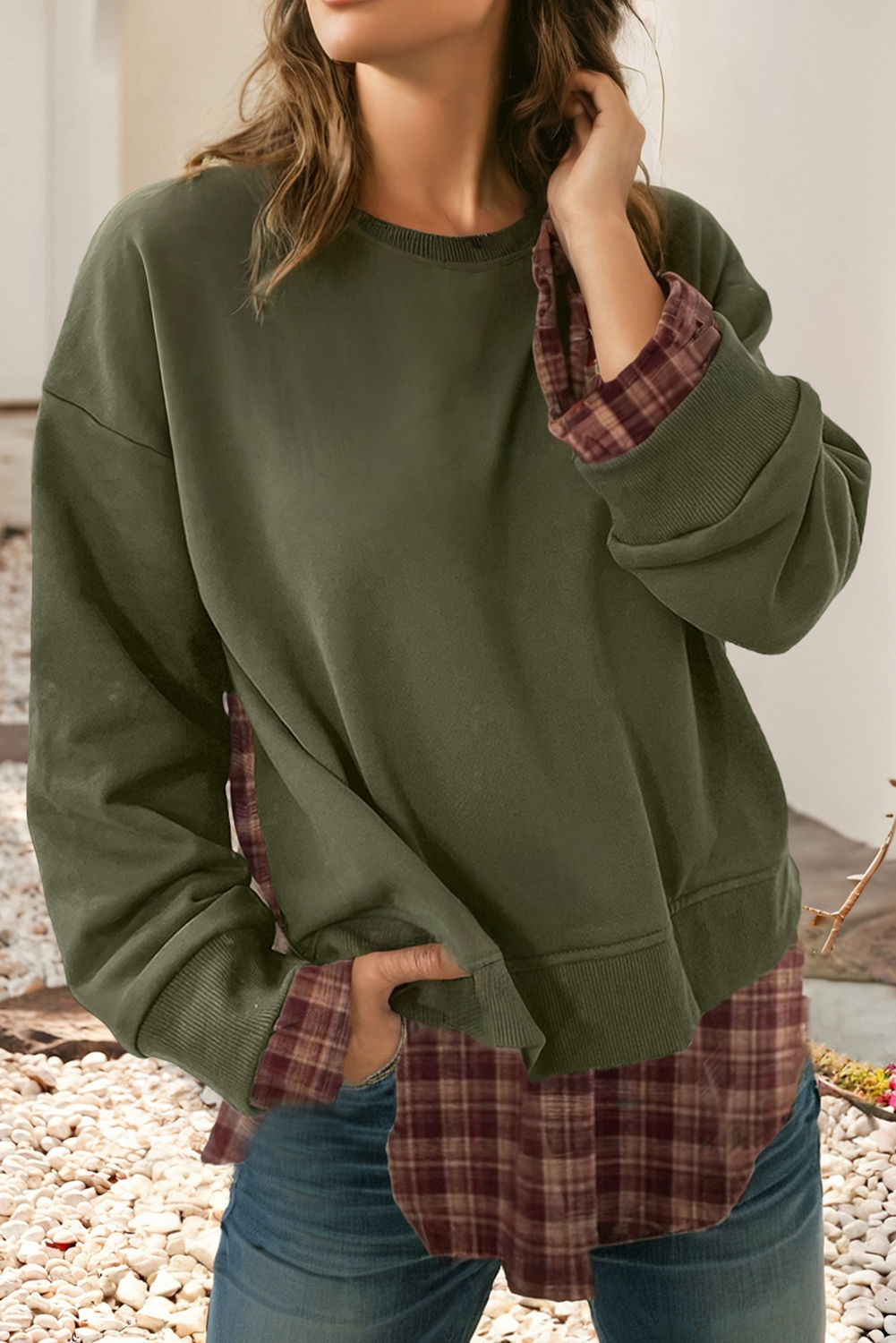 Vintage Plaid Shirt Patchwork Drop Shoulder Sweatshirt: Moss Green