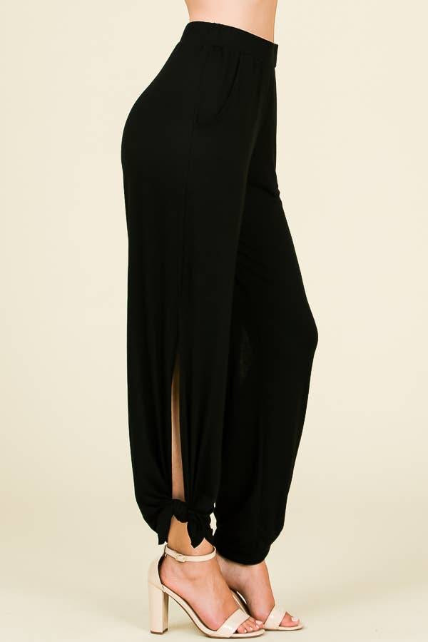 Side Slit Ankle Tie Pants: Black