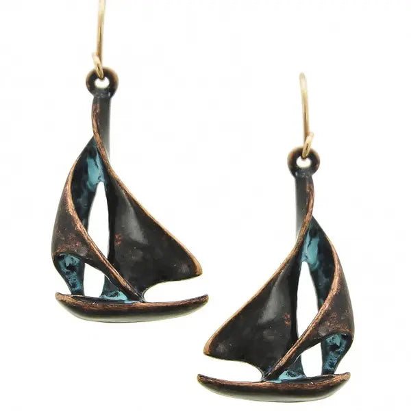 Patina Sea Life Yacht Sailboat Metal Dangle Earrings