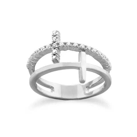 Rhodium Plated Double Cross Ring size 7