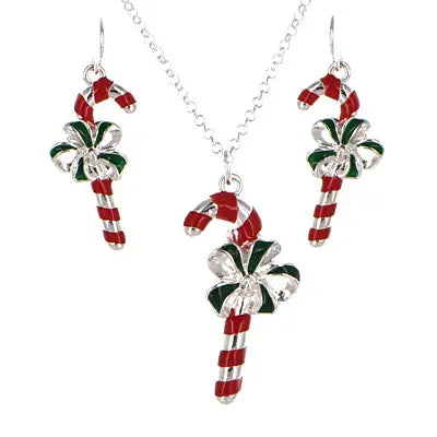 Christmas Striped Candy Cane with Ribbon Necklace Set