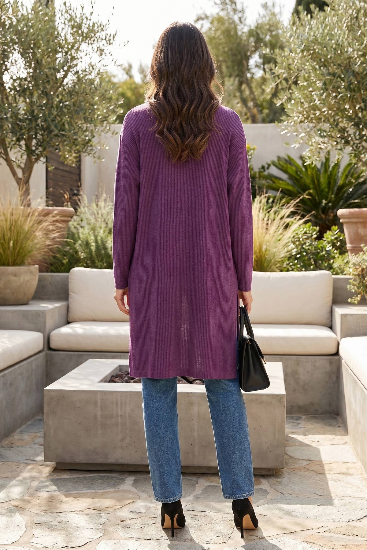 Regalia purple two-piece set with long sleeve sweater top and midi cardigan