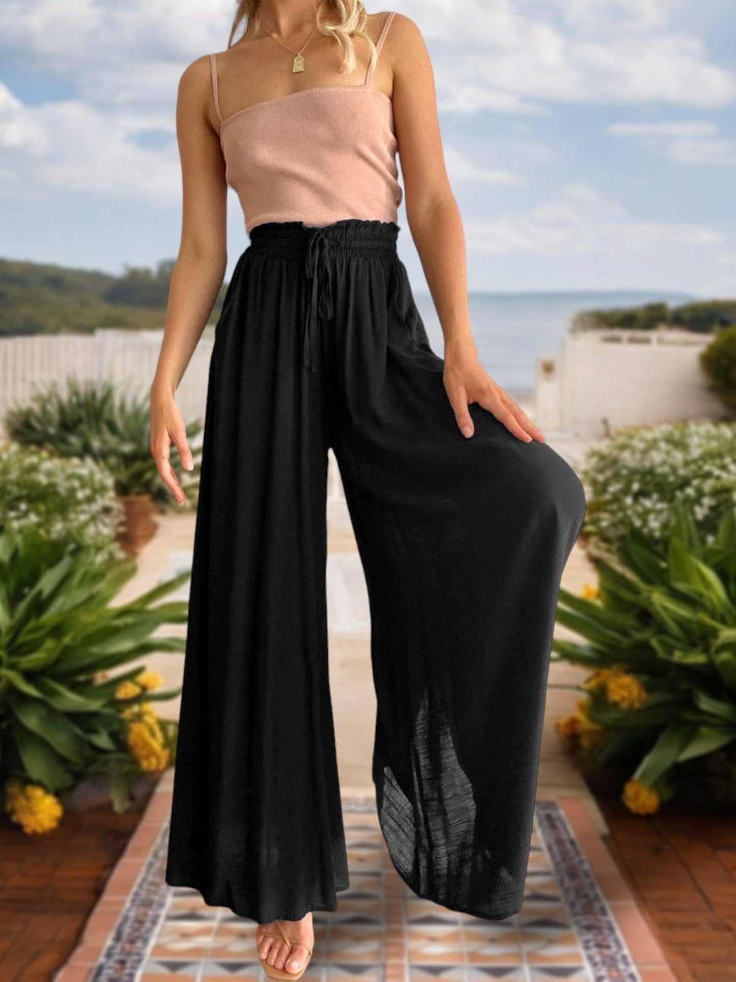 Women's High Waist Wide Leg Pants with Drawstring Waist: Black