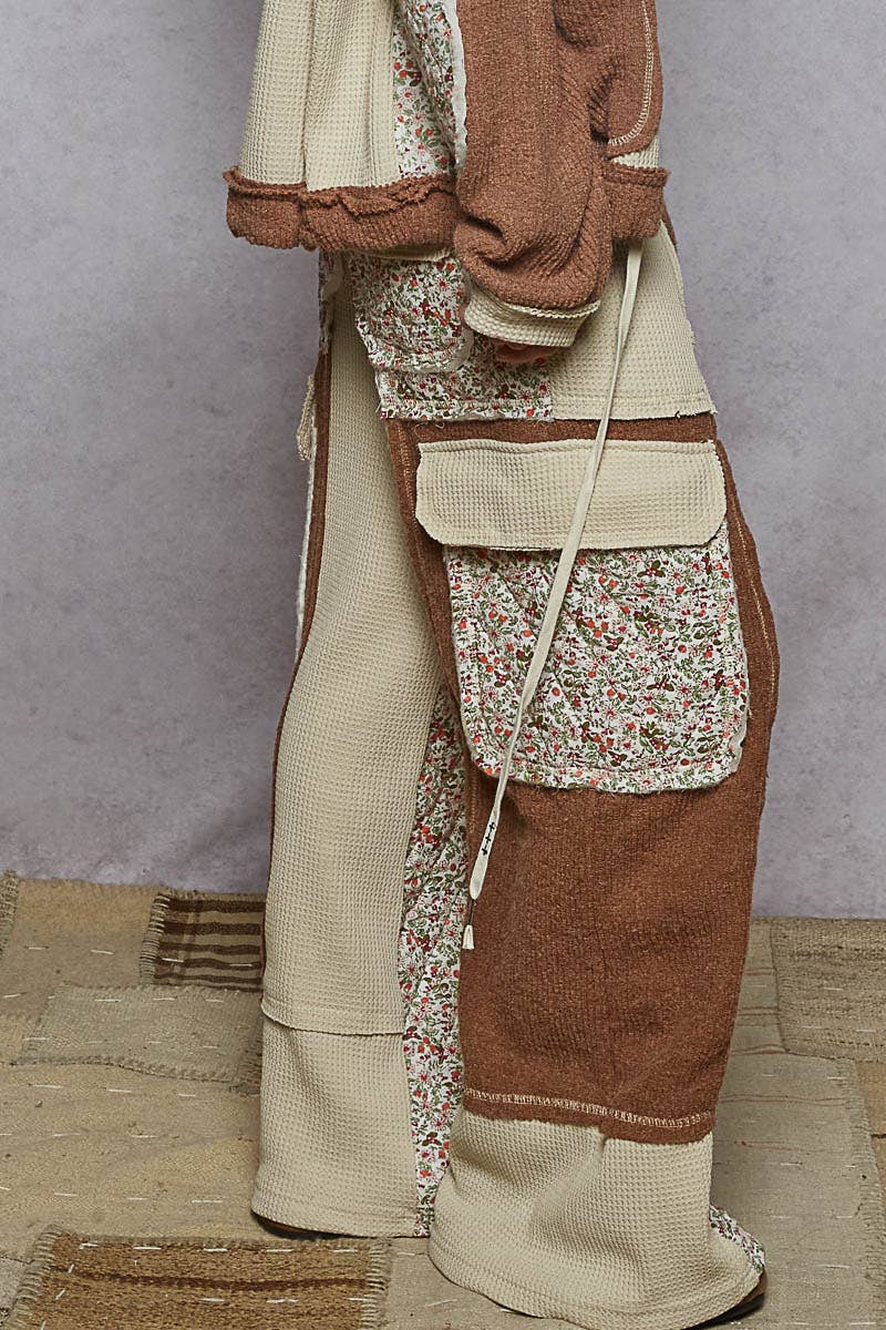 Thermal quilted detail floral knit pants: OAT CHOCO