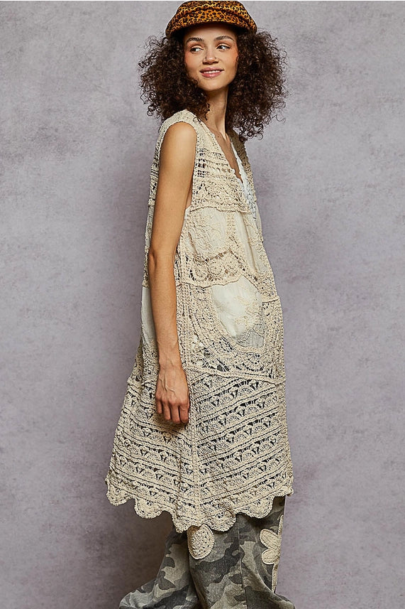 Sleeveless Varied Pattern Detail Crochet Open Cardigan