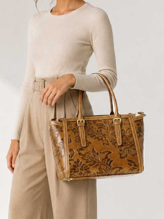 Cassie cognac genuine leather tote bag with tooled floral embossing, photo 2 of 4