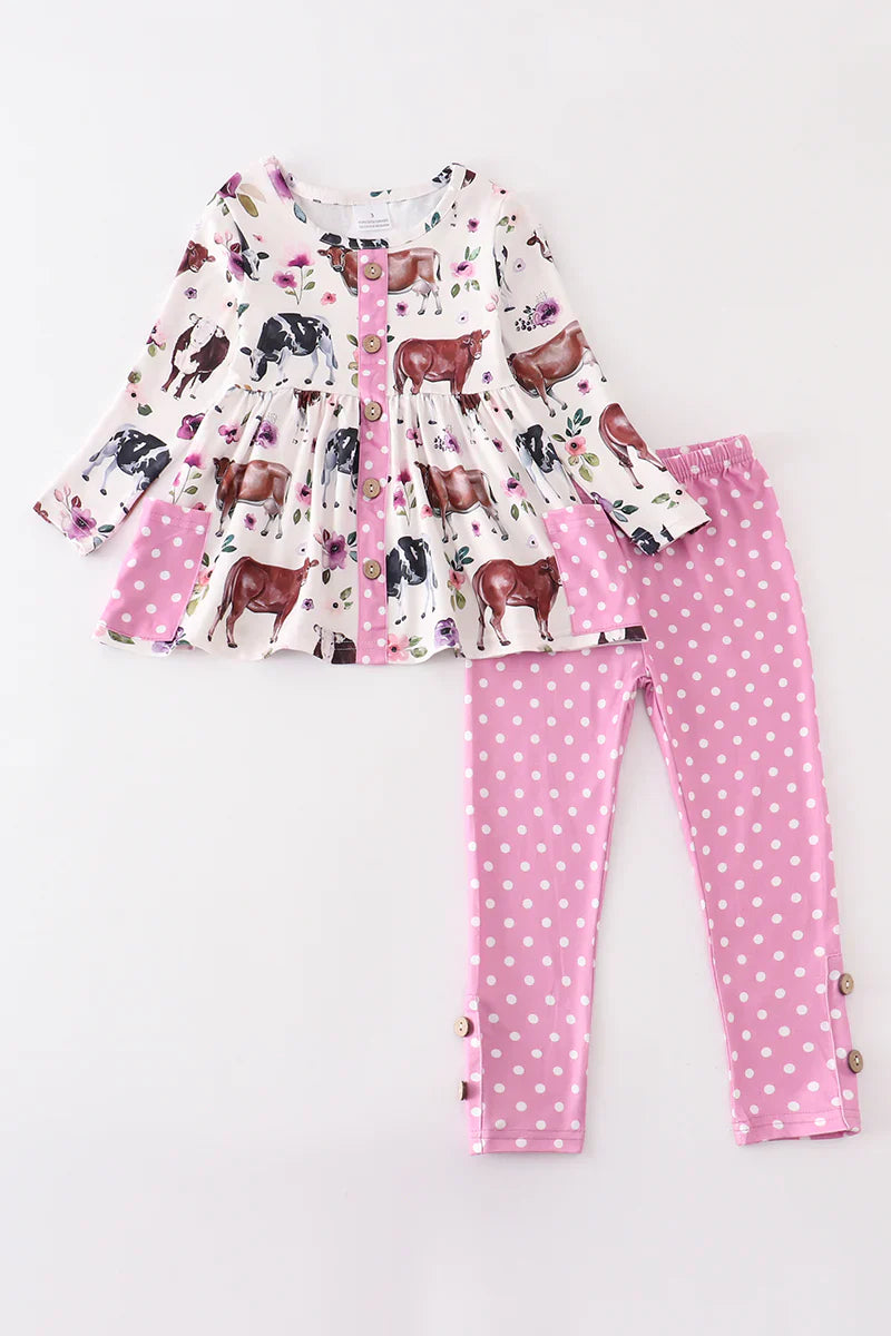 Pink Polka Dot Cow Print 2 Piece Set Size 5