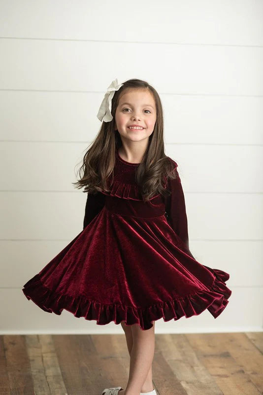 Velvet Ruffle Fancy Winter Christmas Holiday Dress - Wine Size 7/8