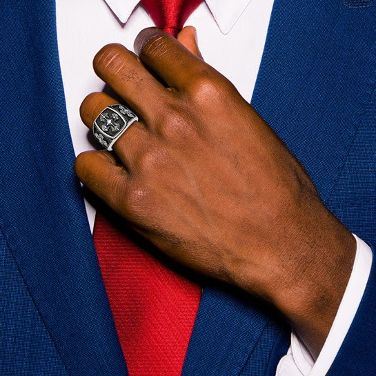 Chisel Stainless Steel Antiqued Polished and Textured Cross Ring