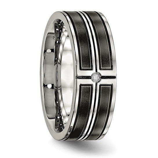 Stainless Steel Polished with Brushed Center Black Ion-plated CZ 8mm Band