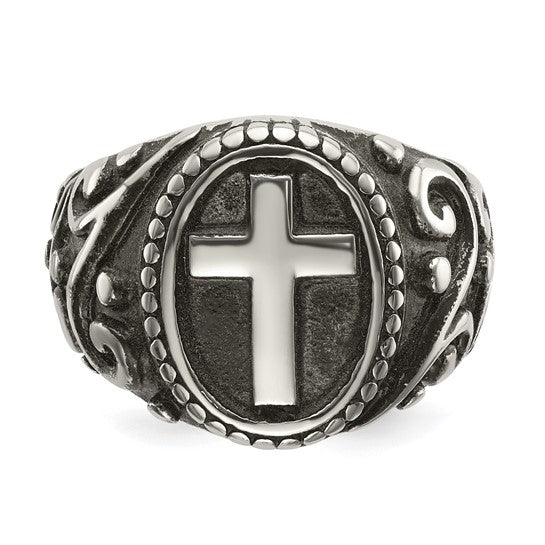 Chisel Stainless Steel Antiqued and Polished Cross Ring