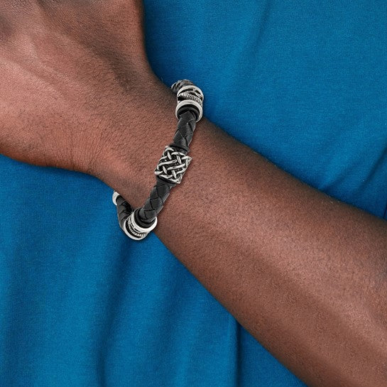 Chisel Stainless Steel Antiqued and Polished Dragon Black Leather 8.5 inch Bracelet