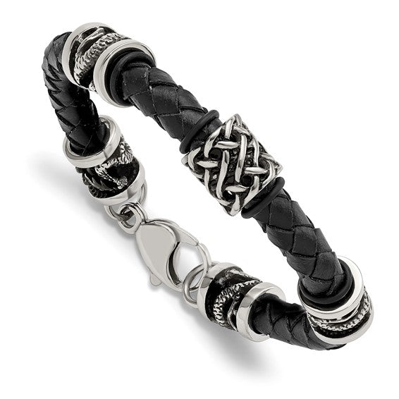 Chisel Stainless Steel Antiqued and Polished Dragon Black Leather 8.5 inch Bracelet