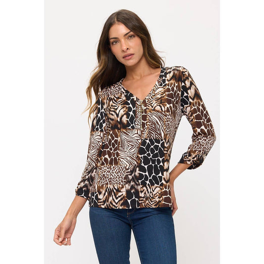Animal Print Zip-Placket Roll-Tab Shirt - Black/Brown/Taupe, photo 2 of 3
