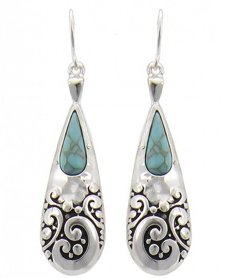 Long antique silver filigree teardrop earrings with turquoise stones