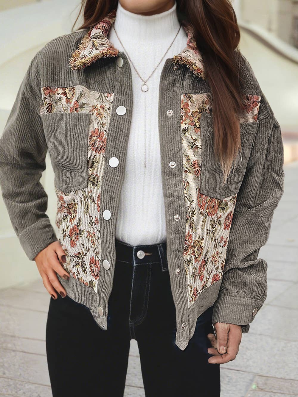 Ribbed Retro Floral Patchwork Shirt Style Jacket: Sage Green