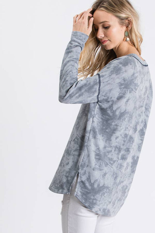 Side view of the Vintage Denim tie dye V neck top