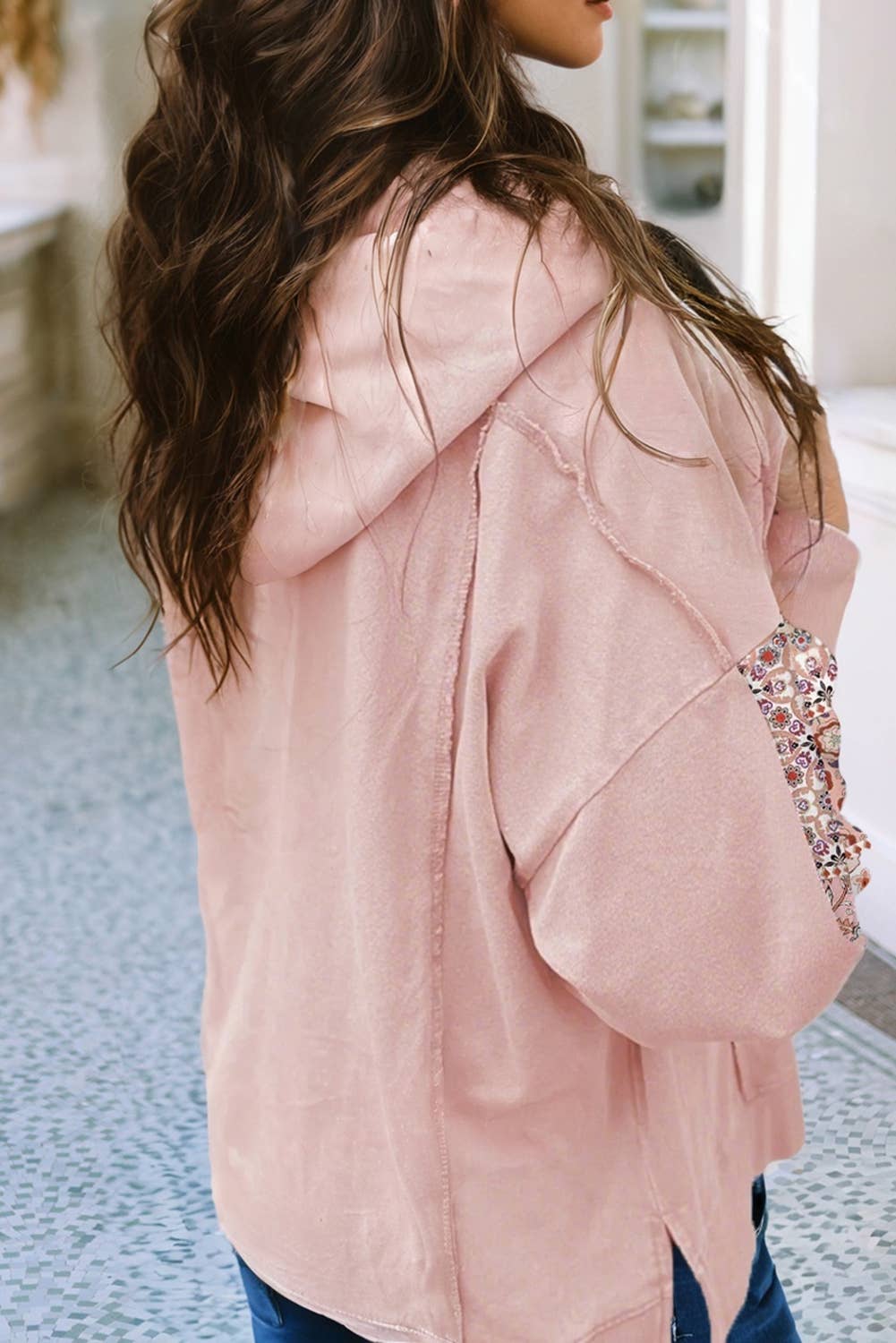 Floral Patchwork Side Slit Drawstring Hoodie