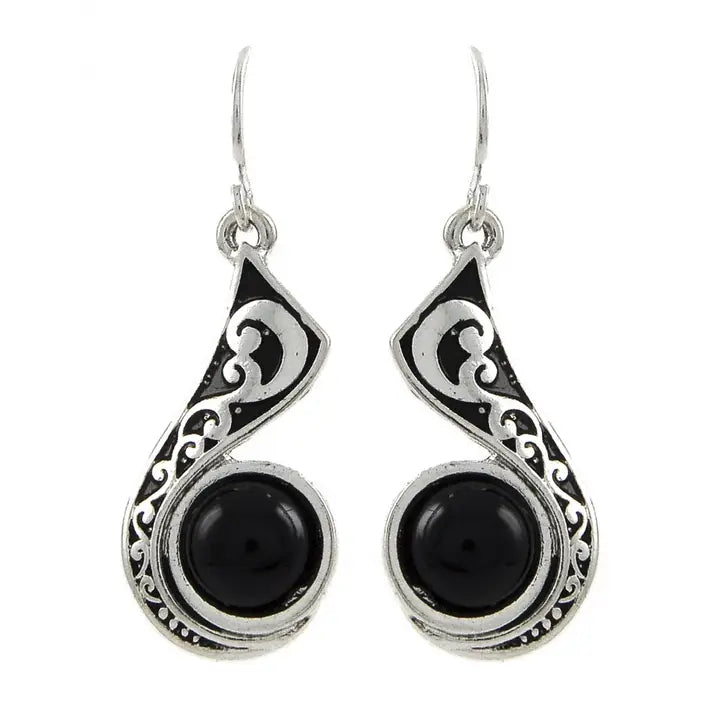 Black bead filigree wave dangle earrings