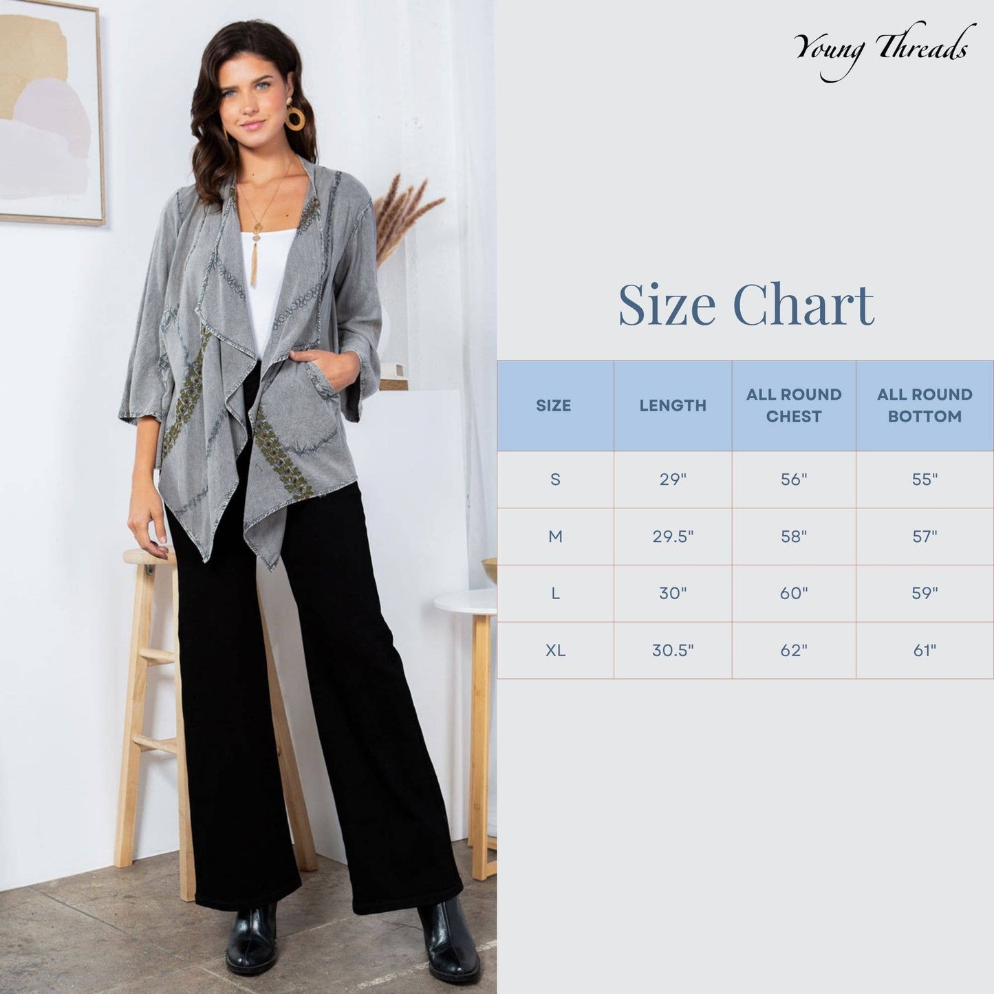 Stonewashed rayon boho kimono in gravel with artisan embroidery, photo 6 of 6