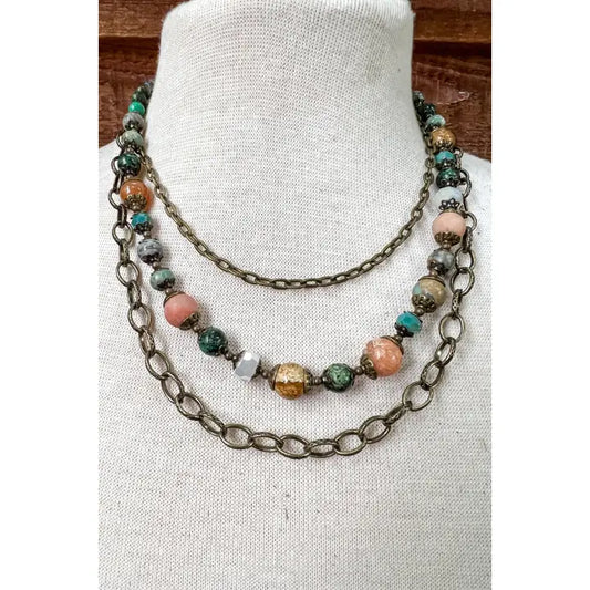 Carter layered necklace with two bronze chains and a beaded strand, photo 2 of 2